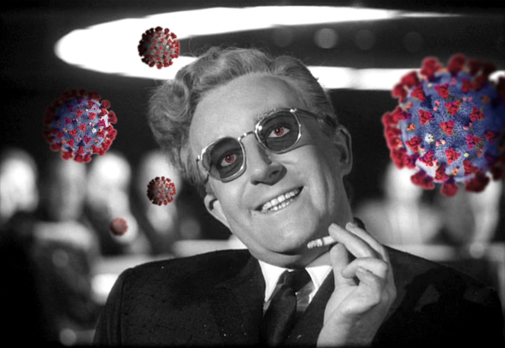 Still from Dr Strangelove movie with coronavirus renderings
